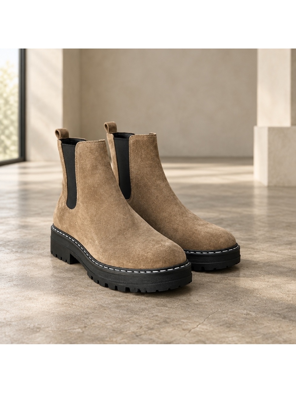 Tan Suede Chelsea Boots with Chunky Black Sole Size 8.5